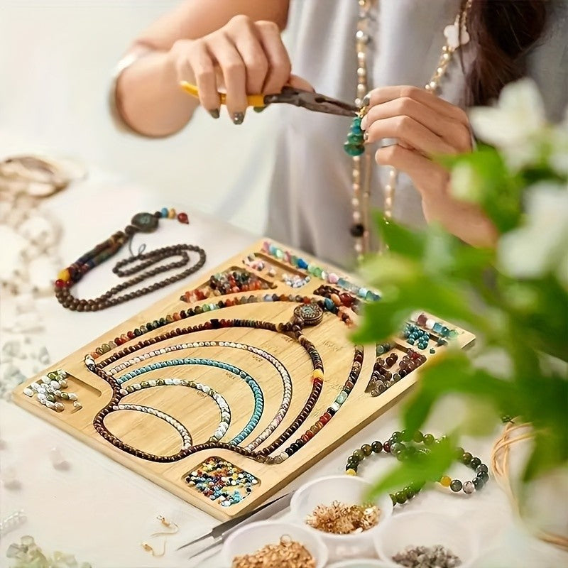 Bamboo Bead Design Board, Apricot Jewelry Layout Tray with Engraved Measurement Markings and Storage Grooves for Planning Bracelets and Necklaces