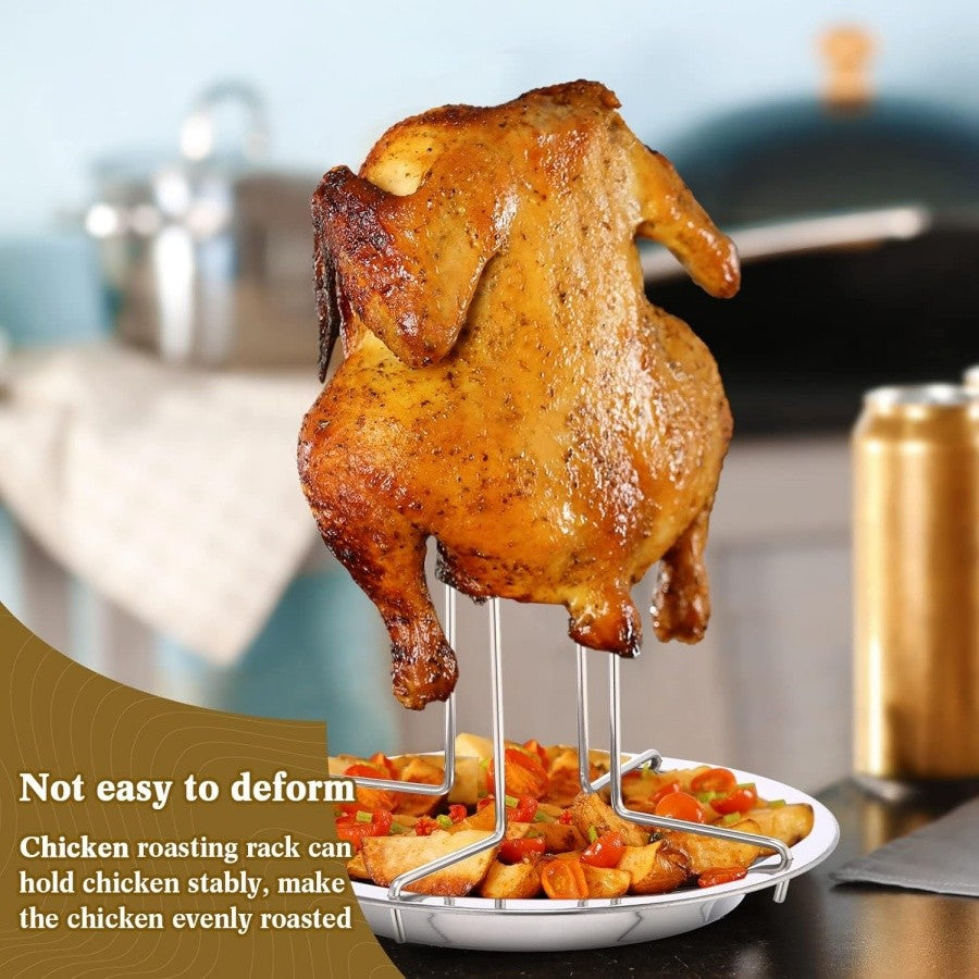 Chicken Roasting Rack with Drip Tray and Foldable Stainless Steel Design, Single Vertical Stand for Compatible Oven, Barbecue and Smoker Cooking