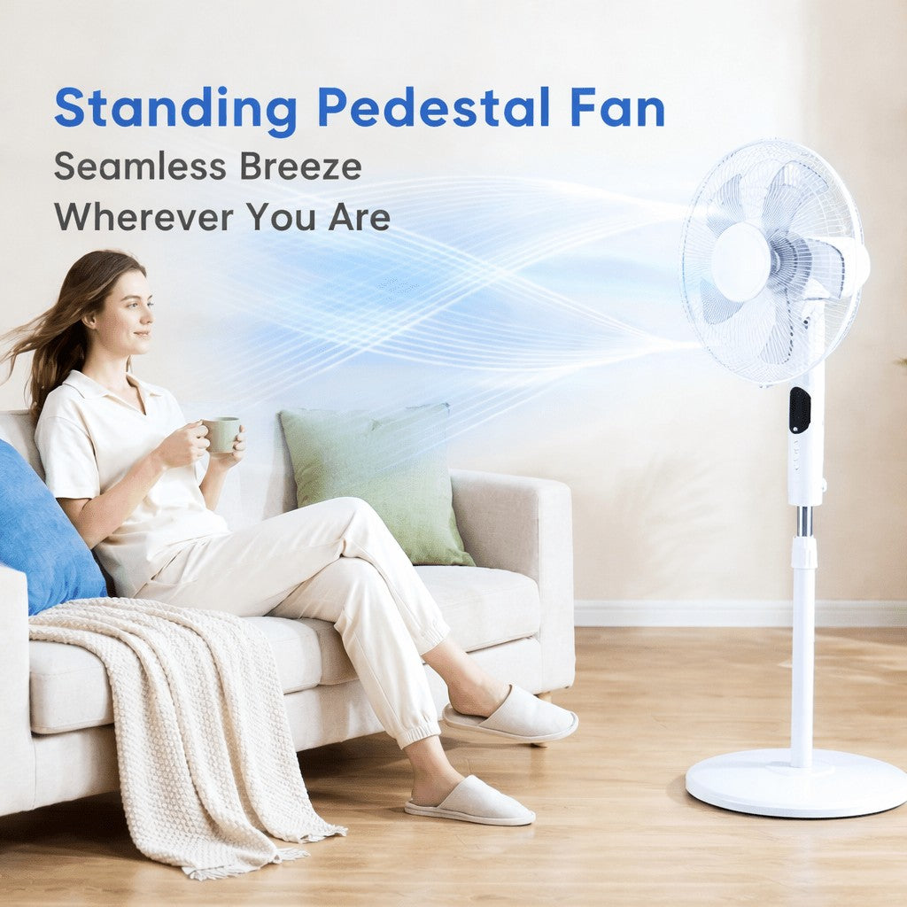 16-Inch Remote Control Standing Fan with Listed 60W AC Motor, Three Speeds, Three Modes, 80-Degree Oscillation and 15-Hour Timer in Black or White for Home