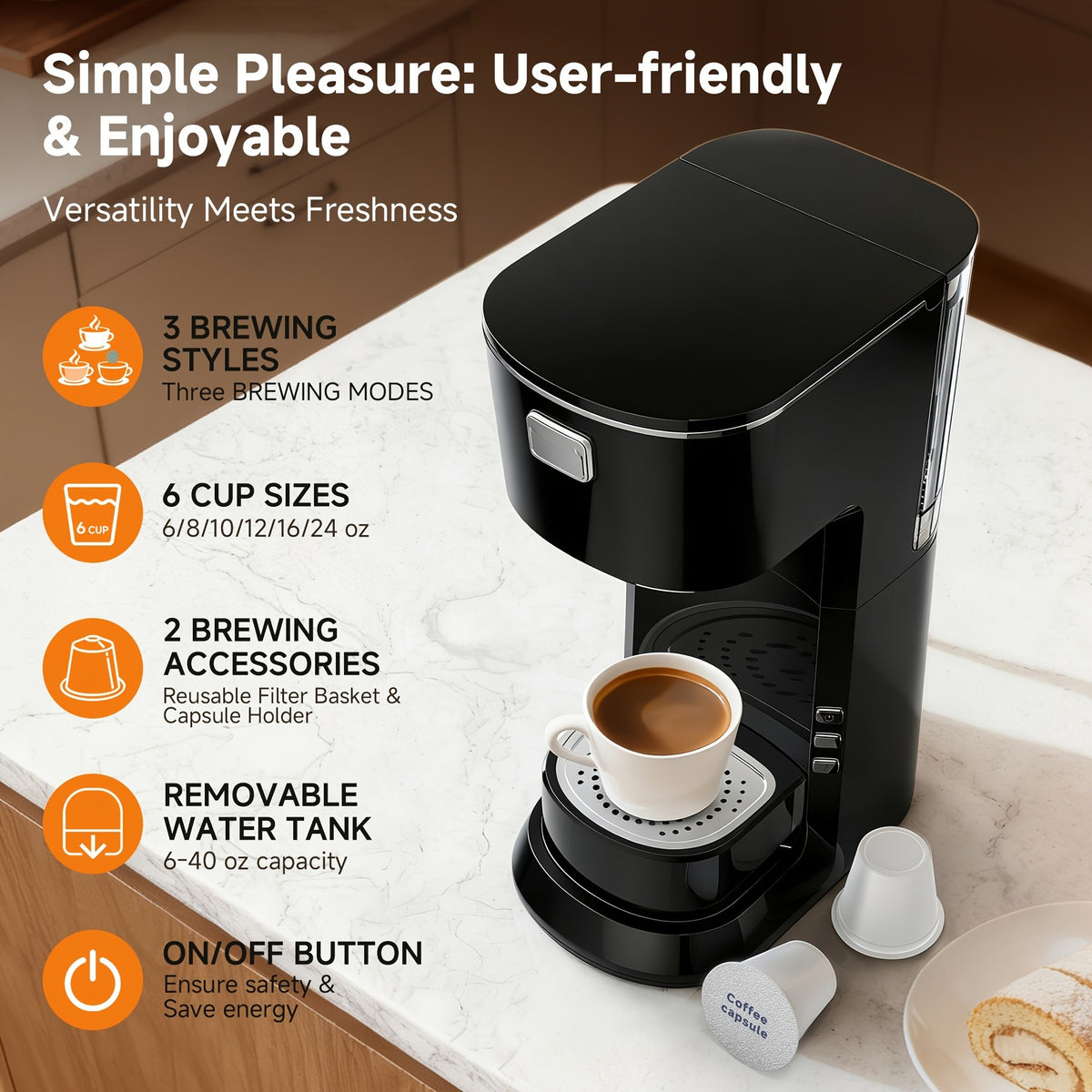 Compact One-Button Coffee Maker for Home, Everyday Coffee Machine with Simple Start Control in Black or White for Kitchen Counters and Morning Routines