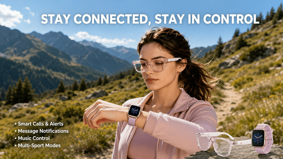 Open-Ear Translation Glasses and Smartwatch Set with Listed 160-Plus Language Functions, Music and Call Controls, Sleep and Activity Tracking, Four Style Labels