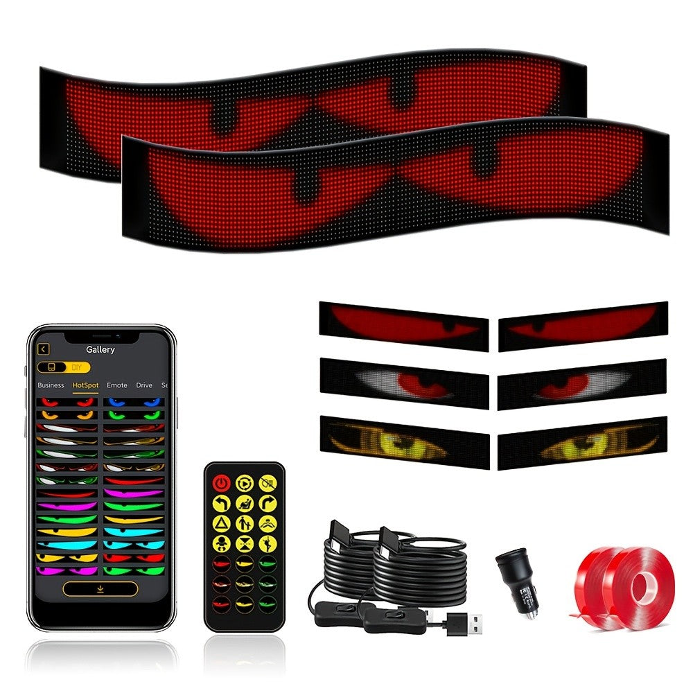LED Devil's Eye Matrix Panels, Two-Piece Flexible USB 5V Decorative Display with App and Remote Controls, Programmable Animation and Text for Car Displays