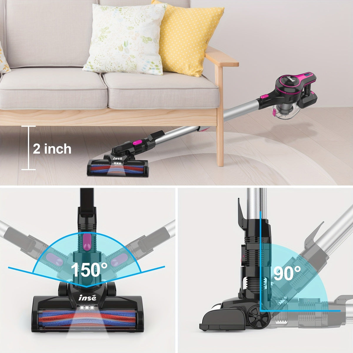 INSE Cordless Vacuum Cleaner, 6-in-1 Rechargeable Home Vacuum with Detachable Battery, LED Brush and 50.5oz Dust Cup for Hardwood, Carpet and Pet Hair