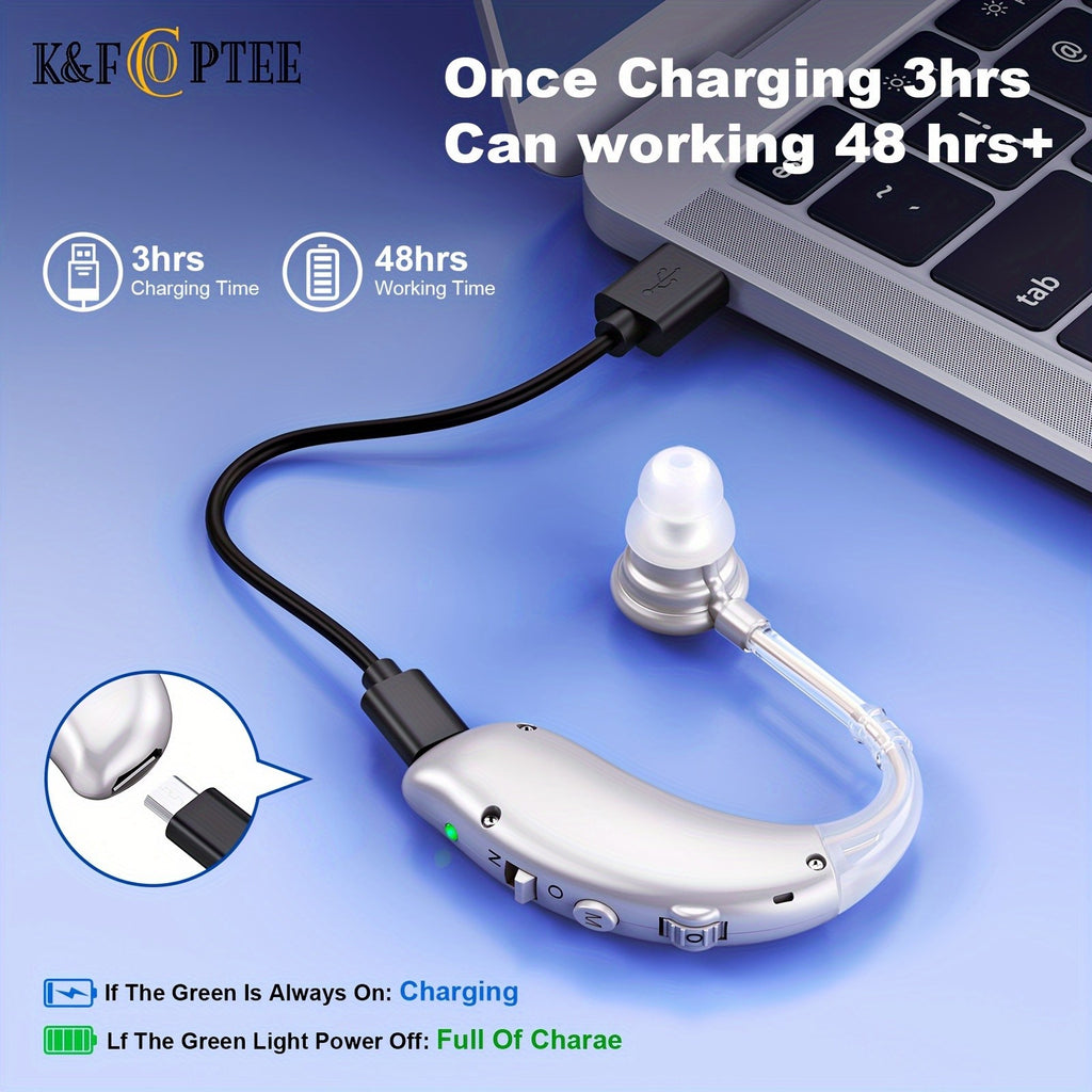 BTE Rechargeable Hearing Aids Pair with Three Frequency Modes, Four Volume Levels, USB Charging and Eight Domes in Silvery, Brown or Blue