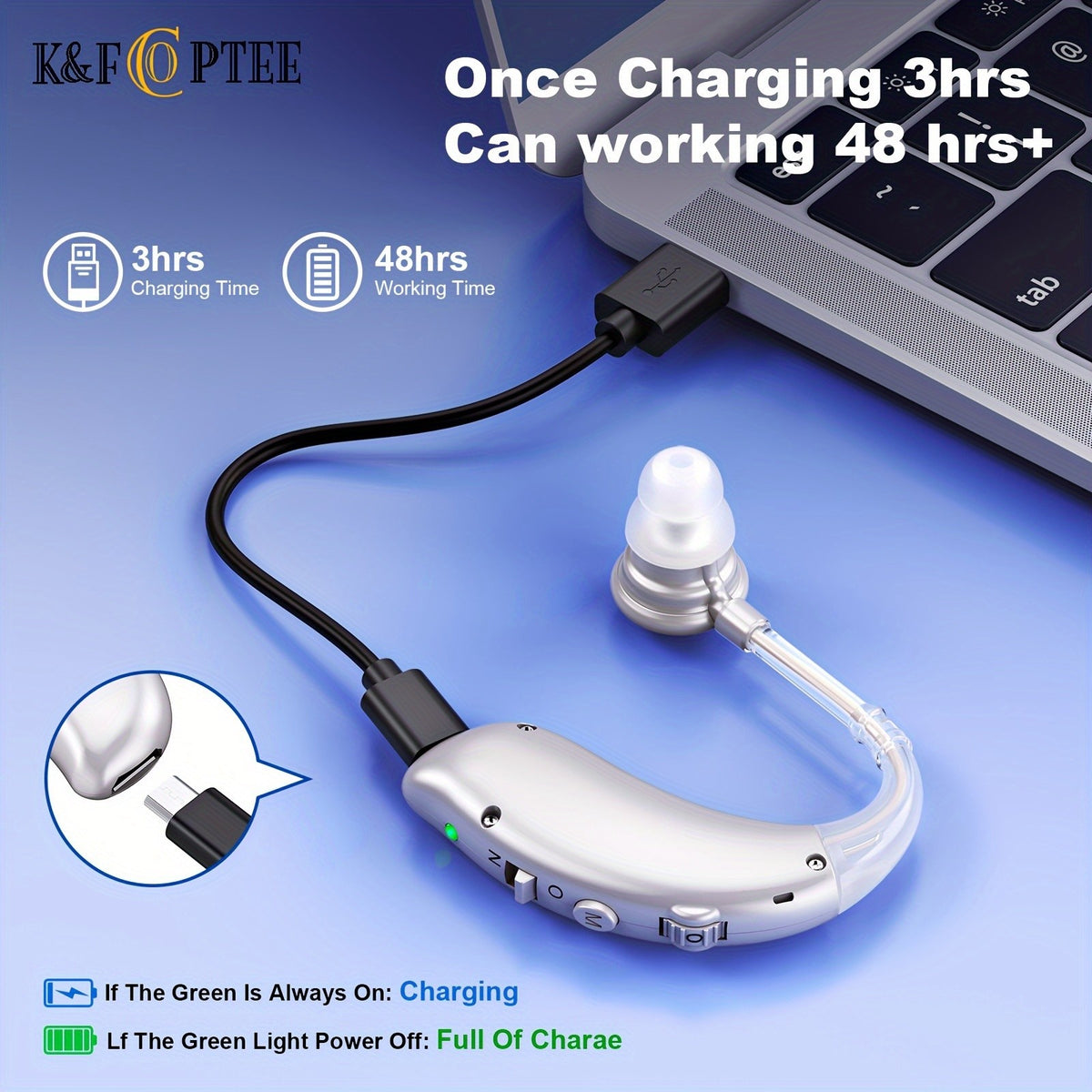 BTE Rechargeable Hearing Aids Pair with Three Frequency Modes, Four Volume Levels, USB Charging and Eight Domes in Silvery, Brown or Blue