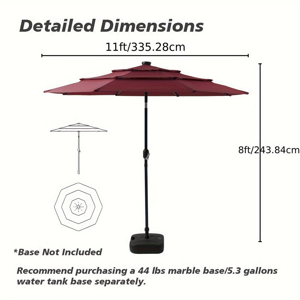 Triple Vented Patio Umbrella in Burgundy, 10ft or 11ft Outdoor Market Shade with Push-Button Tilt, Eight Ribs and 180GSM Yarn-Dyed Canopy for Garden Seating