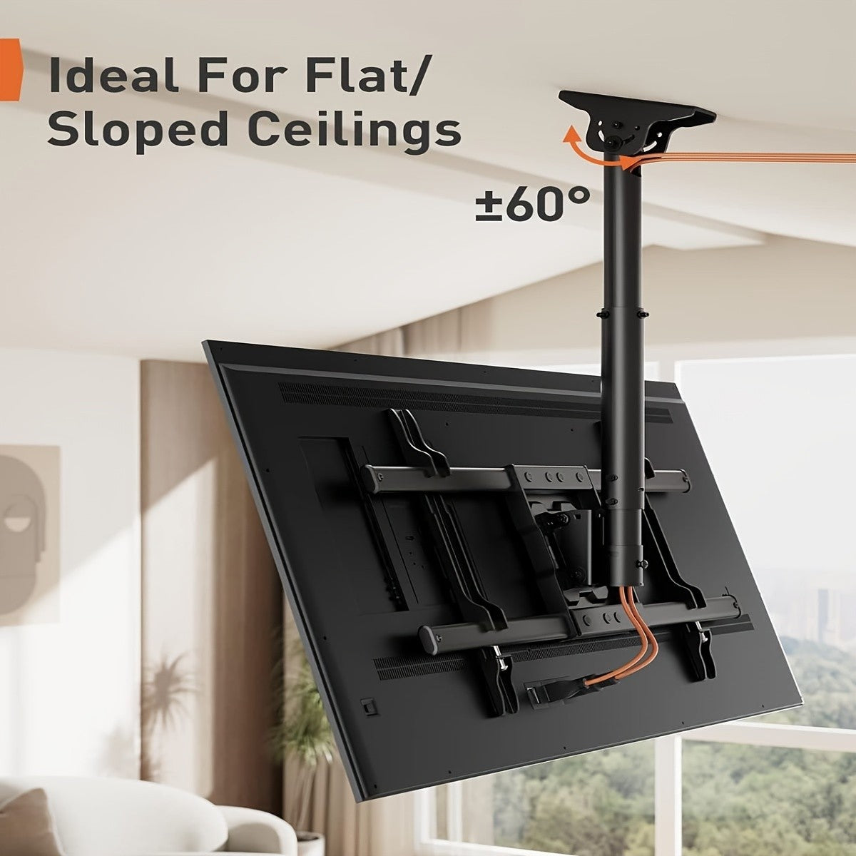 Ceiling TV Mount with 360-Degree Swivel, Adjustable Tilt and Hidden Cable Management, Black Overhead Bracket for Compatible Flat or Curved TVs