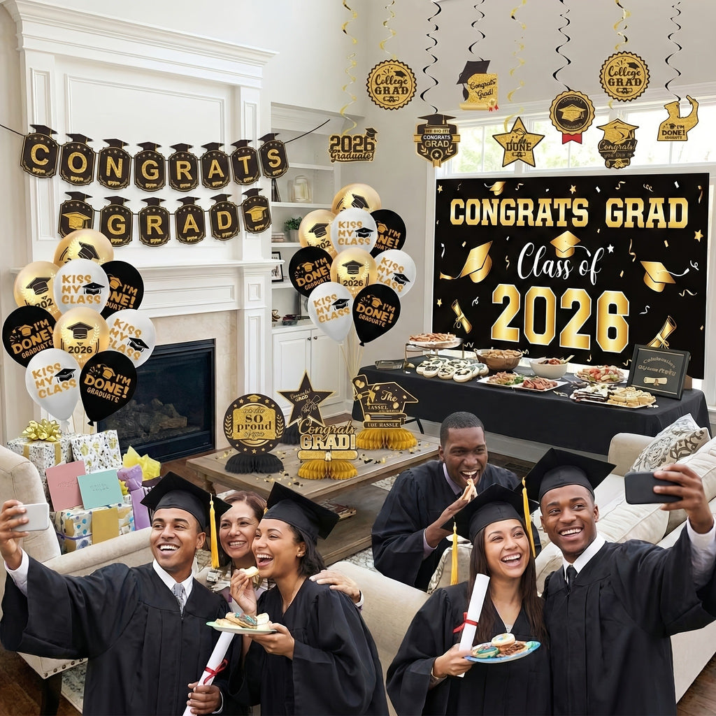 Graduation Party Decorations Class of 2026 Set with Backdrop Banner, Hanging Swirls, Balloons and Honeycomb Decor for Home Celebrations