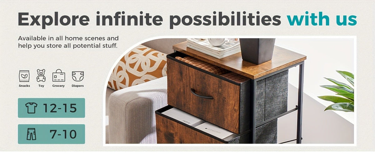 Narrow Fabric Storage Tower with Wooden Top, Two-Drawer Styles and Four-Drawer White Option for Bedroom, Closet, Laundry Room and Entryway Organization