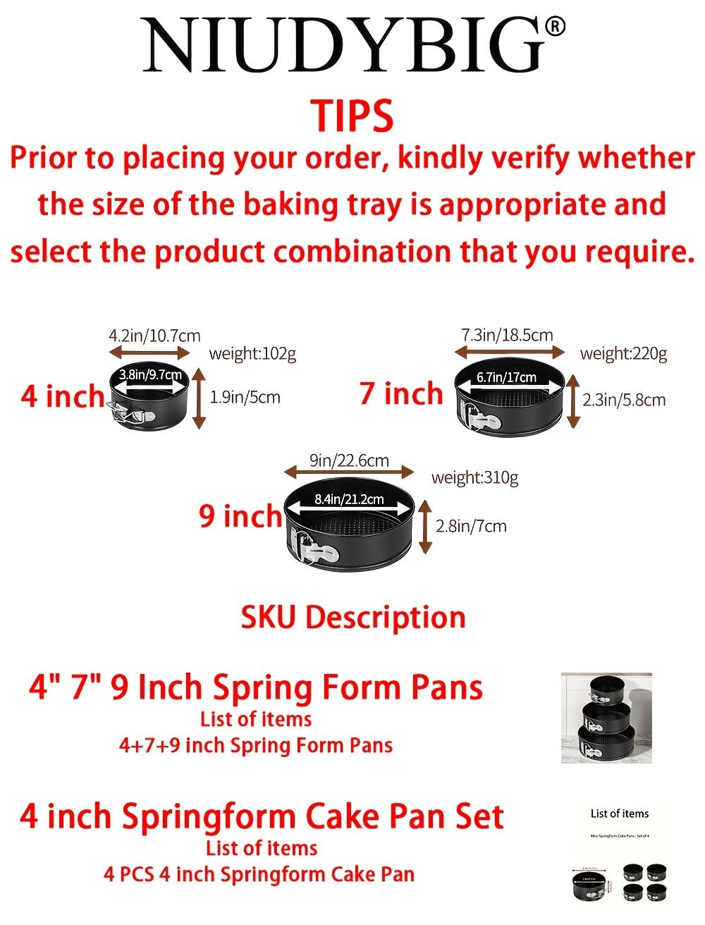 Springform Cake Pan Set with 4, 7 and 9 Inch Sizes, Black Nonstick Carbon Steel Round Cheesecake Pans with Removable Bottoms and Locking Latches for Home Baking