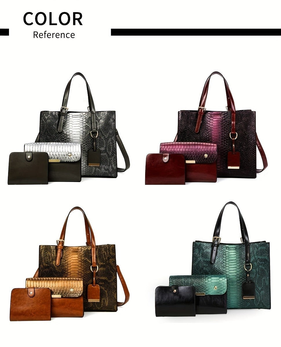Crocodile-Pattern Handbag Set for Women with Listed Three-Piece Satchel and Tote Styling, Six Color Options for Everyday Outfits, Office and Casual Occasions