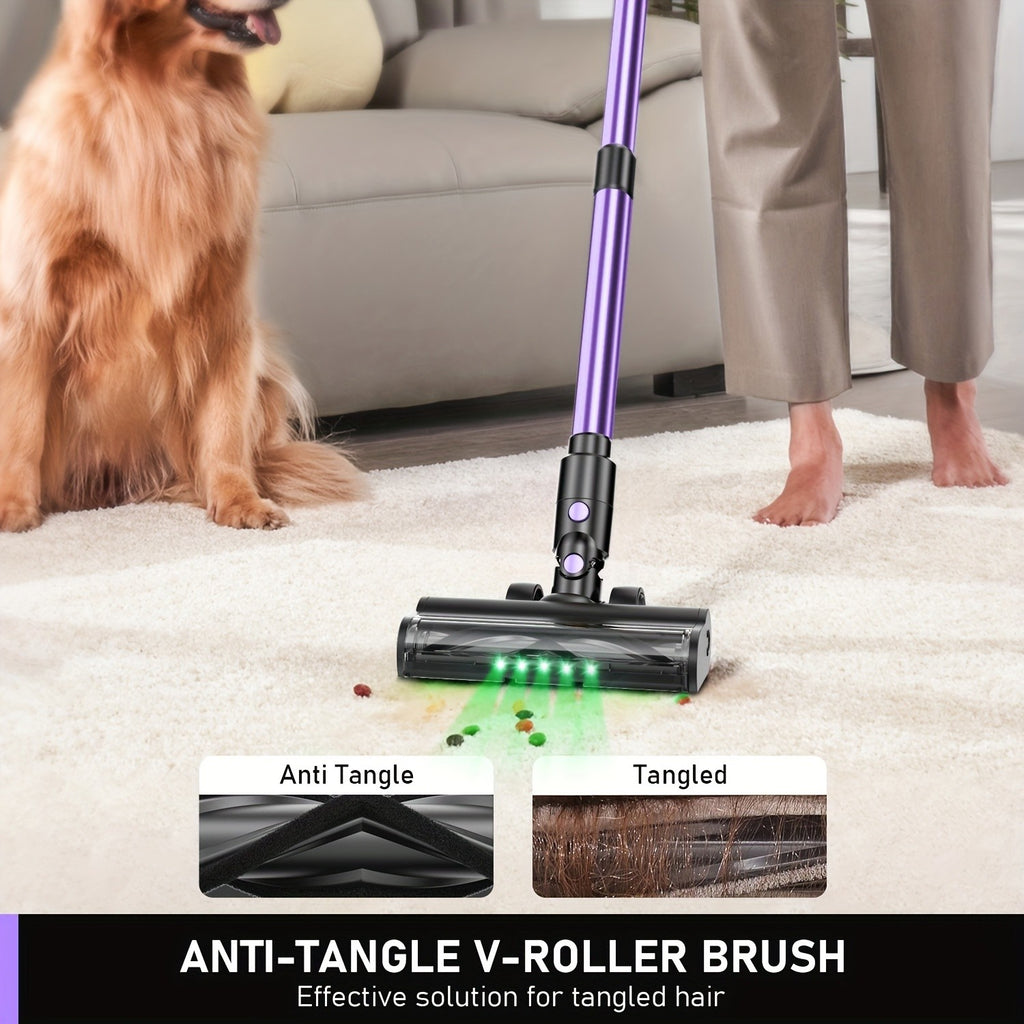 10-in-1 Cordless Stick Vacuum Cleaner, Lightweight Rechargeable Vacuum with Anti-Tangle Roller Brush, Upgraded Green LED Light and 45-Min Runtime, Powerful Suction for Hardwood Floors, Carpet, Pet Hair and Car Interior