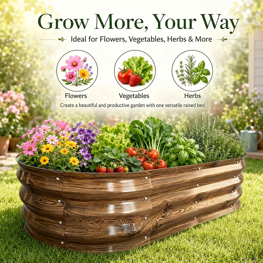 Galvanized Vegetable Garden Bed Set with Oval Metal Planter Design, Outdoor Raised Planting Boxes in Single and Multipack Options for Backyard Gardening