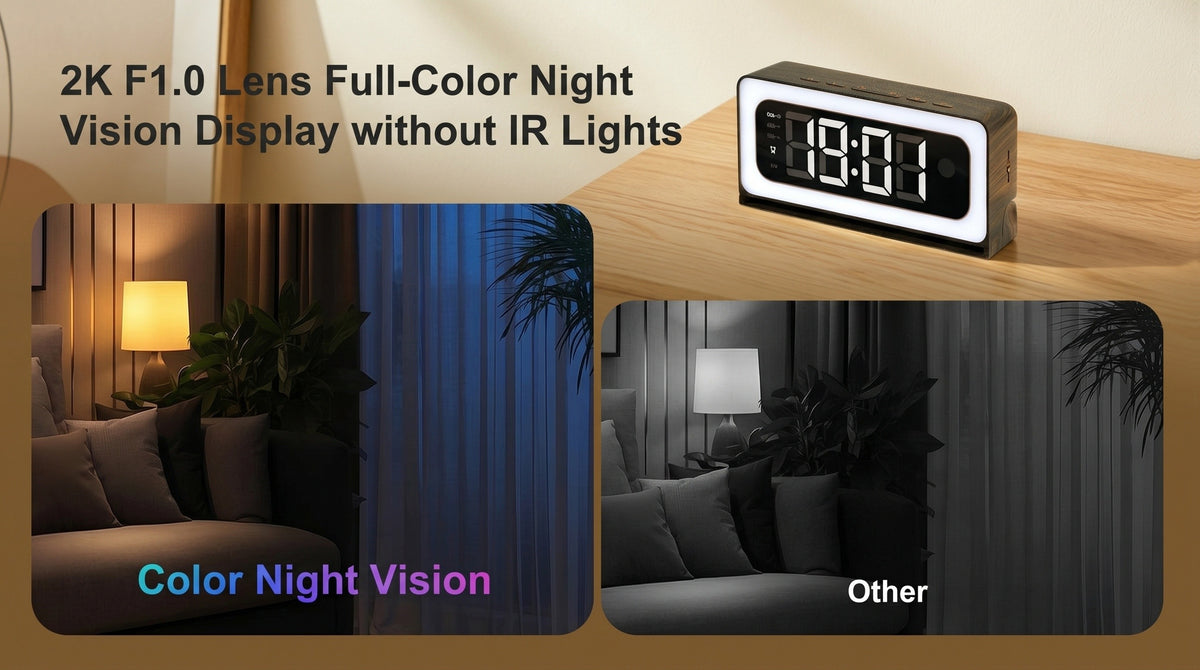 Wood-Grain Indoor Security Clock Camera with Listed 2K Video, Dual-Band WiFi, Color Night Vision, Motion Alerts, Rechargeable Battery and Optional microSD Storage