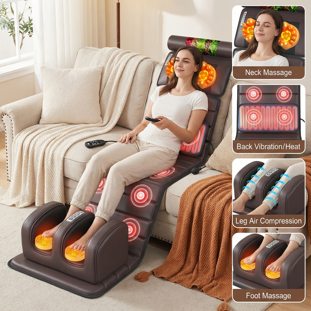 Heated Massage Pad for Home Relaxation, Brown Foldable 5-in-1 Body Massage Mat with Listed Multiple Modes for Neck, Shoulders, Back, Waist and Legs