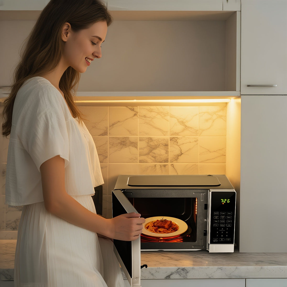 Countertop Microwave Oven by AMZCHEF, 0.7 Cubic Feet Compact Tabletop Appliance with Listed 9 Preset Recipes, Defrost and Clock Functions for Everyday Meals