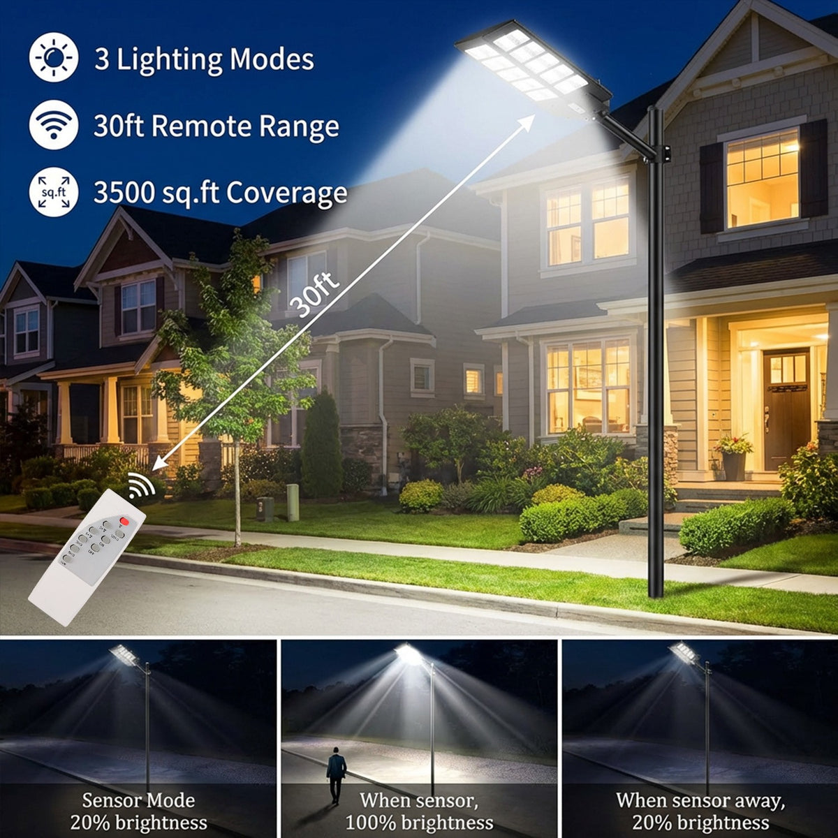 Solar Street Light with Motion Sensor and Remote Control, Matte Black Single-Pack 270, 360 or 800 LED Options with 6500K and Three Lighting Mode References