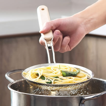 Wooden Handle Fine Mesh Strainer, Single Stainless Steel Kitchen Colander for Pasta and Vegetable Draining, Everyday Food Preparation at Home or Restaurants