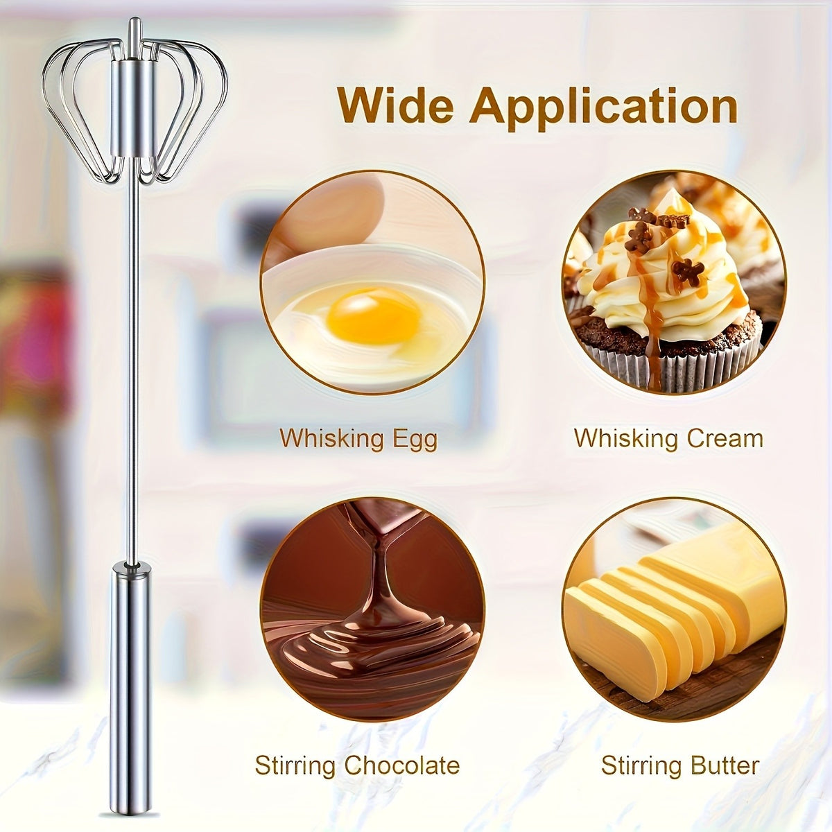 Manual Whisk and Milk Frother, Stainless Steel Handheld Egg Beater for Mixing Eggs and Cream, Everyday Home Baking Tool and Kitchen Gift
