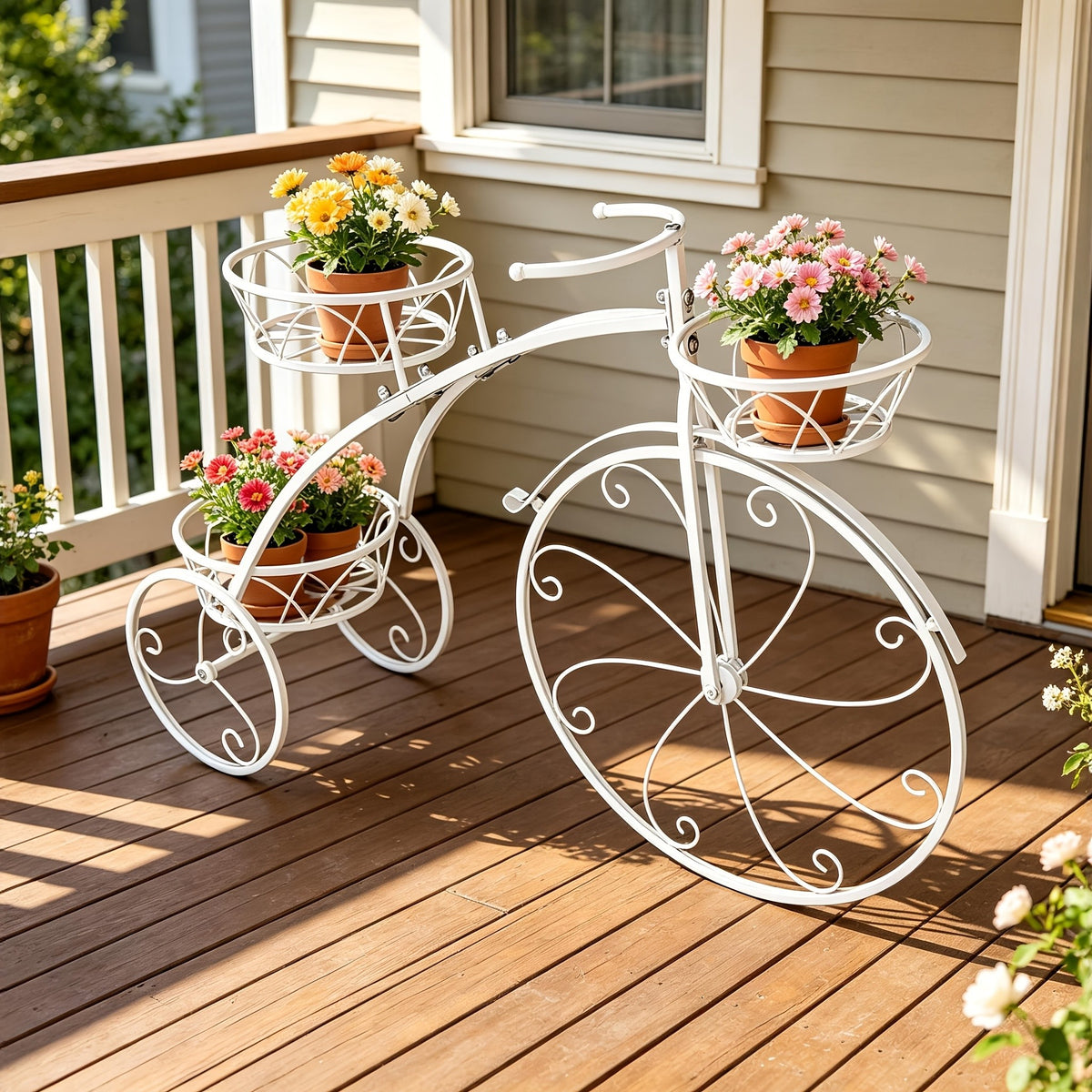 Tricycle Plant Stand in Black or White with Three Iron Pot Holders, Decorative Bicycle Flower Display with Fixed Wheels for Home and Suitable Patio Spaces