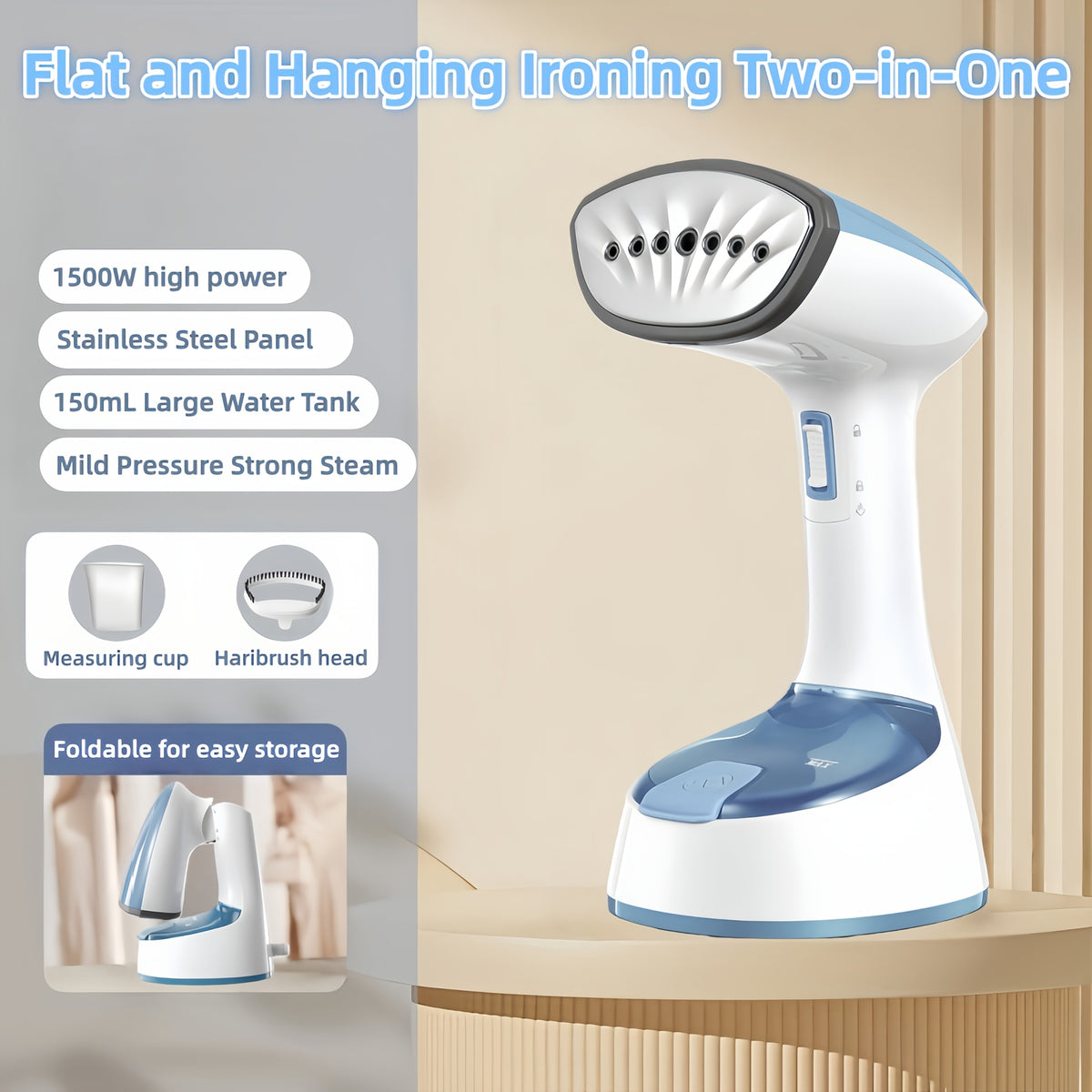 Foldable Clothing Steam Iron with Listed 1500W Power and 15-Second Heat-Up, Portable Handheld Garment Care Appliance in Grey or White for Home and Travel