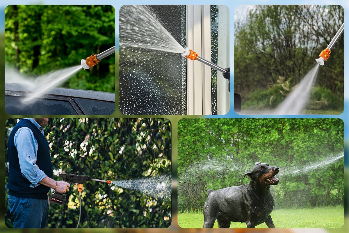 Six-in-One Nozzle Car Washer by LOVEWE, Cordless Rechargeable Cleaning Tool with Listed 300W and 1.3GPM, One or Two Battery and Upgrade Options for Yard Tasks