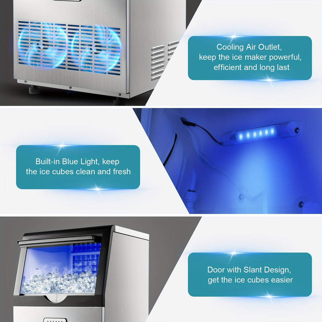 Commercial Ice Maker with Listed 100lb Daily Production and 13lb Storage Bin, Silver Freestanding or Under-Counter Ice Machine with Filter and Scoop