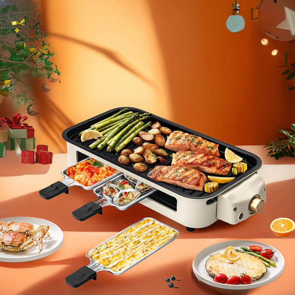 Indoor Raclette Electric Grill, 1500W with 16 x 9 Inch Removable Nonstick Plate and 3 Cheese Pans, Adjustable Temperature for Home Tabletop Cooking