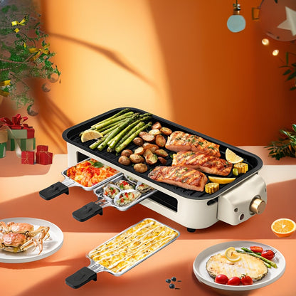 Indoor Raclette Electric Grill, 1500W with 16 x 9 Inch Removable Nonstick Plate and 3 Cheese Pans, Adjustable Temperature for Home Tabletop Cooking