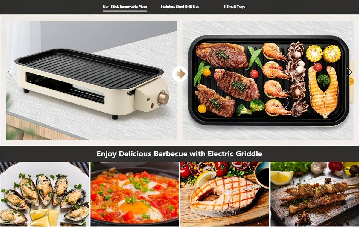 1700W Indoor Electric Grill with Temperature Control, Black Gift-Bag Option and Listed Detachable Nonstick Cooking Board for Home Meals and Tabletop BBQ