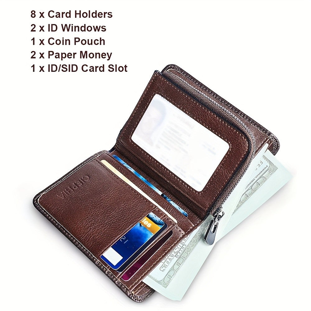 Trifold Leather Wallet for Men with Eight Card Slots, Two ID Windows, Coin Pocket and Two Banknote Sections, Yellow Brown, Black or Coffee Color for Daily Carry