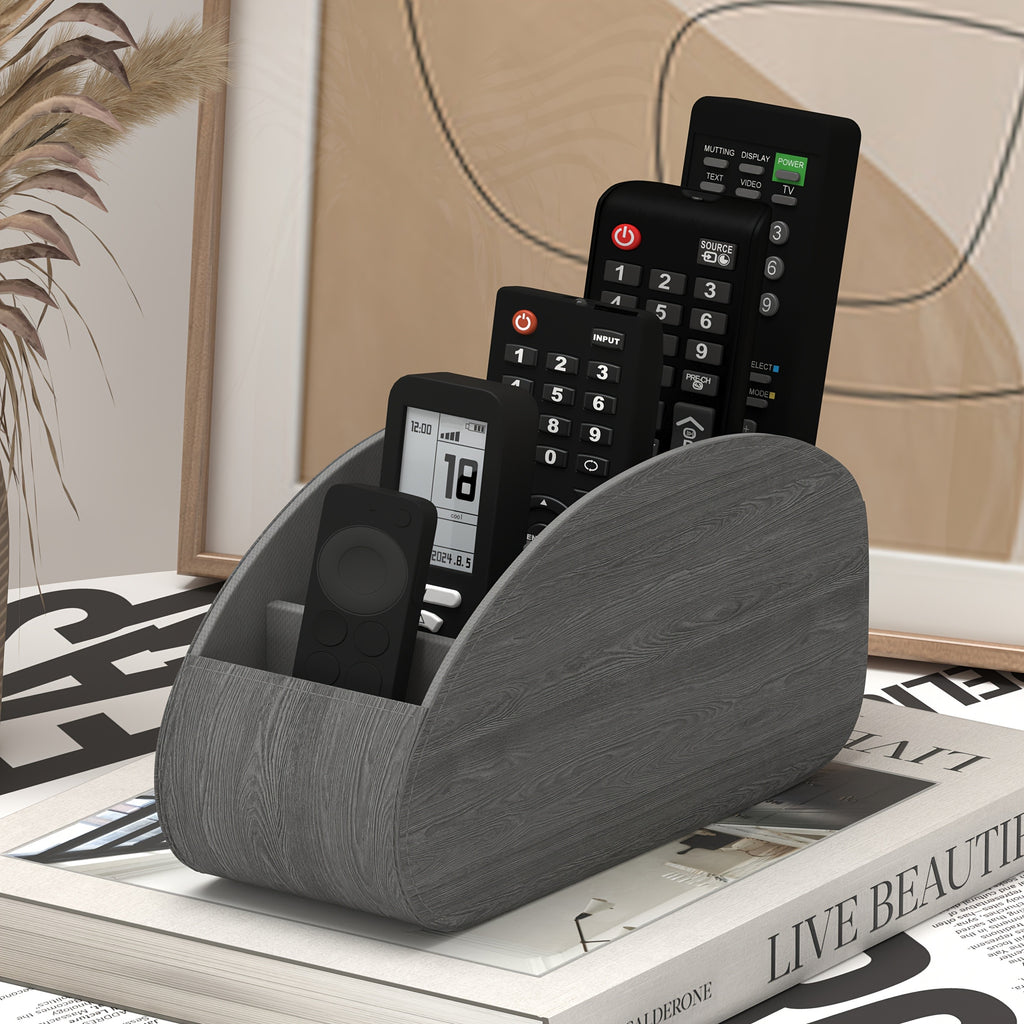 Desktop Remote Caddy with Five Compartments, Single PU-Labeled Organizer with Cardboard Frame for Compatible TV Remotes, Pens and Glasses on Bedside Tables
