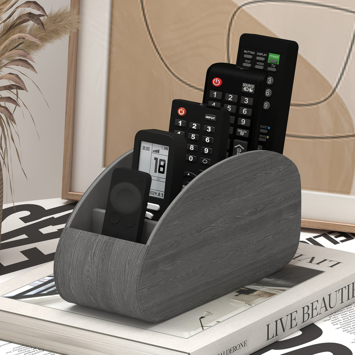 Desktop Remote Caddy with Five Compartments, Single PU-Labeled Organizer with Cardboard Frame for Compatible TV Remotes, Pens and Glasses on Bedside Tables