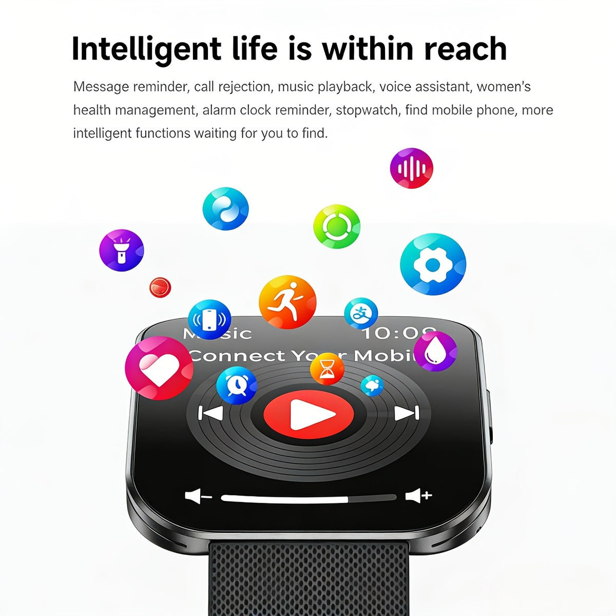 Curved Touchscreen Smart Watch, 1.85-Inch Calling Watch with Message Reminders, Multiple Sports Modes, Camera and Music Controls for iPhone and Android