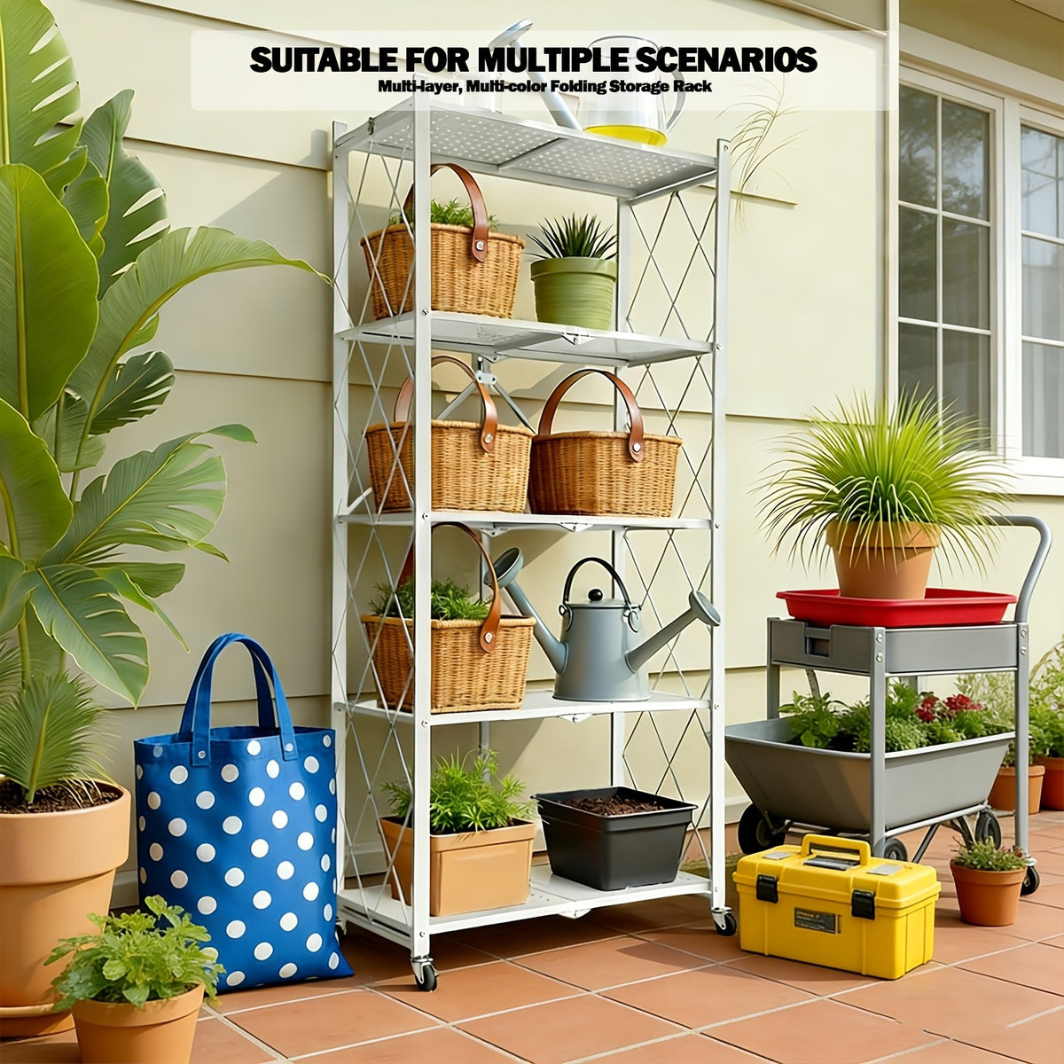 Folding Metal Shelving Unit with Listed Lockable Wheels, 3-, 4- or 5-Tier Storage Rack and Plant Stand in Black, White, Pink or Green for Home Organization
