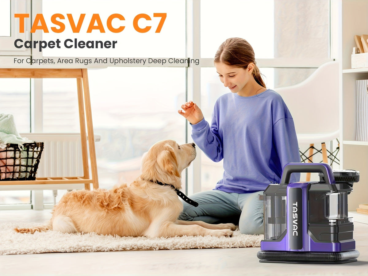 Dual-Tank Fabric Spot Cleaner with Two Listed Brush Tools and Trial Formula, TASVAC C7 Source Specifications for Carpet and Upholstery, Purple or Black Red Options