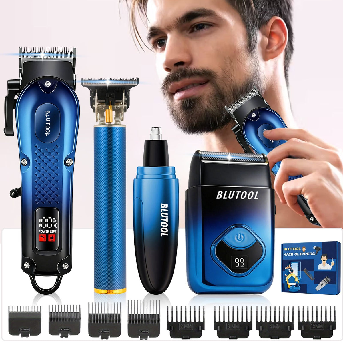 USB Rechargeable Hair Clipper Set for Men in Blue XY-4012, Cordless Grooming Tools with Listed Shaver, Nose Trimmer and Fine Trimmer Package References