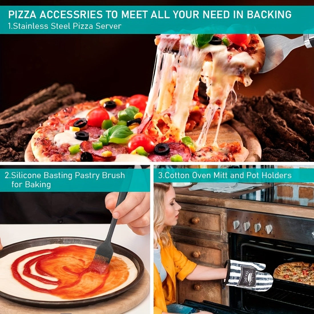 Pizza Tool Set, Seven-Piece Option with Listed Gloves, Oil Brush, Shovel and Knife for Homemade Pizza Preparation with Compatible Oven and BBQ Equipment