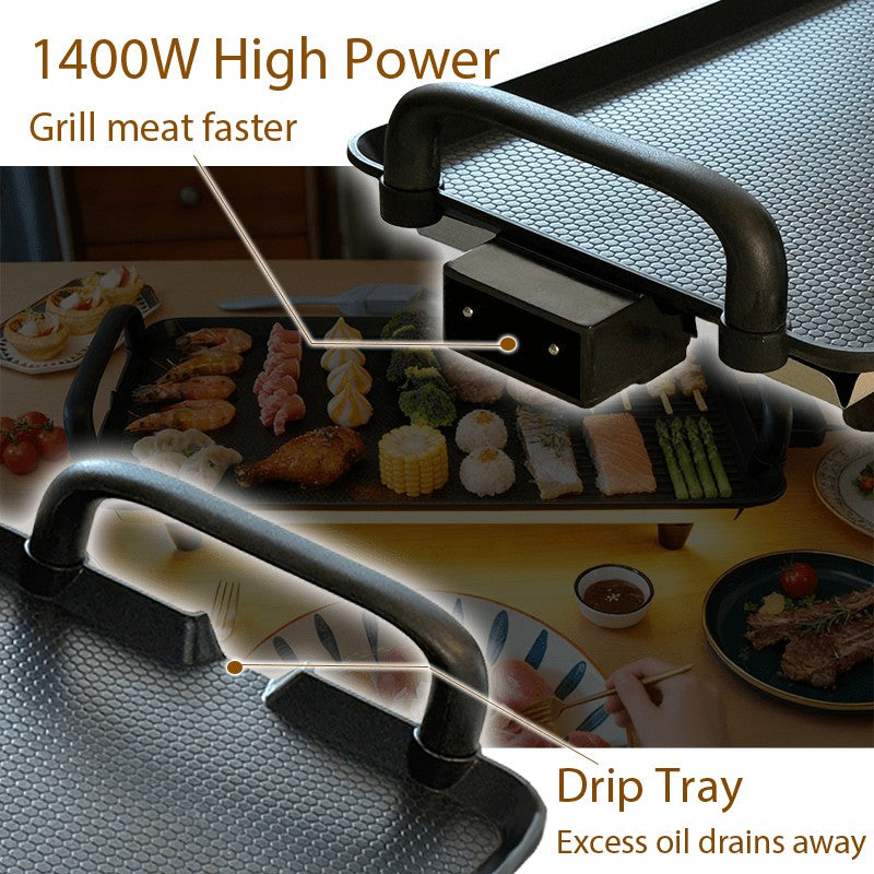 Electric Grill Pan Combo, Black 22.83-Inch Model with Nonstick Coating, Adjustable Temperature and Drip Pan for Steak, Skewers and Home Dinner Gatherings