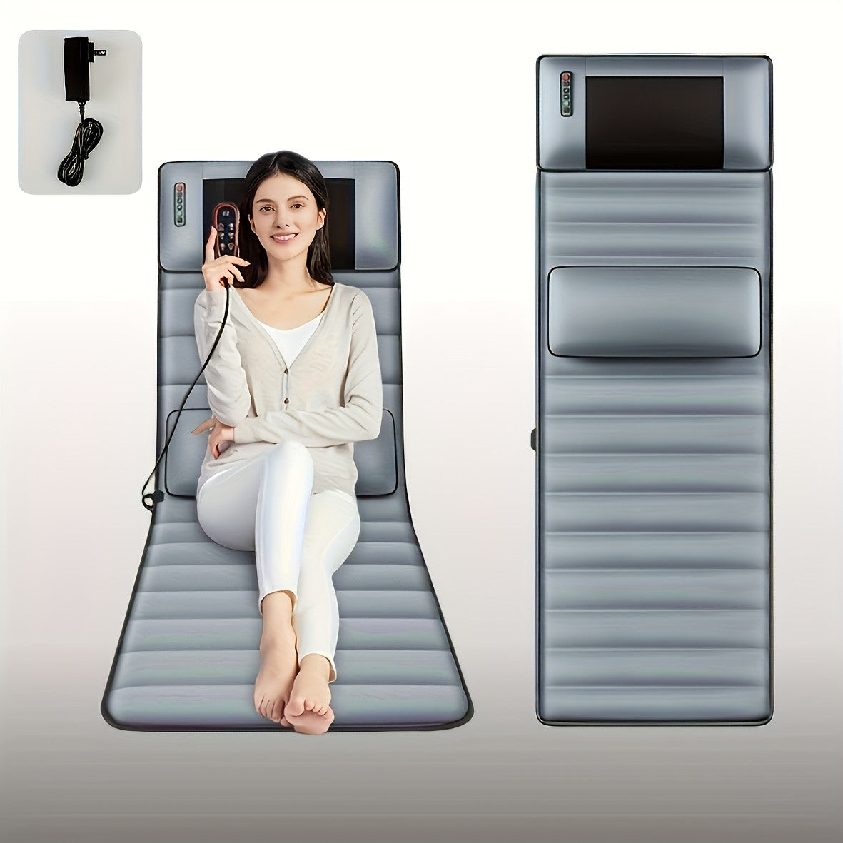 Gray Heated Massage Mat Set with Leg Massager, Velvet Material, Vibration Massage, Timer, Massage Headrest and Lumbar Mat for Home Relaxation