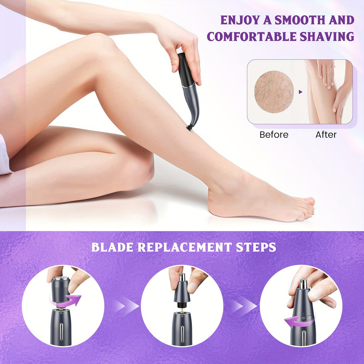 Bikini Trimmer for Women, 4-in-1 Painless Electric Shaver for Face, Eyebrows, Ear and Nose, Cordless Body Shaver with Replaceable Heads for Bikini Line, Arms and Legs, Rechargeable 500mAh, for Travel