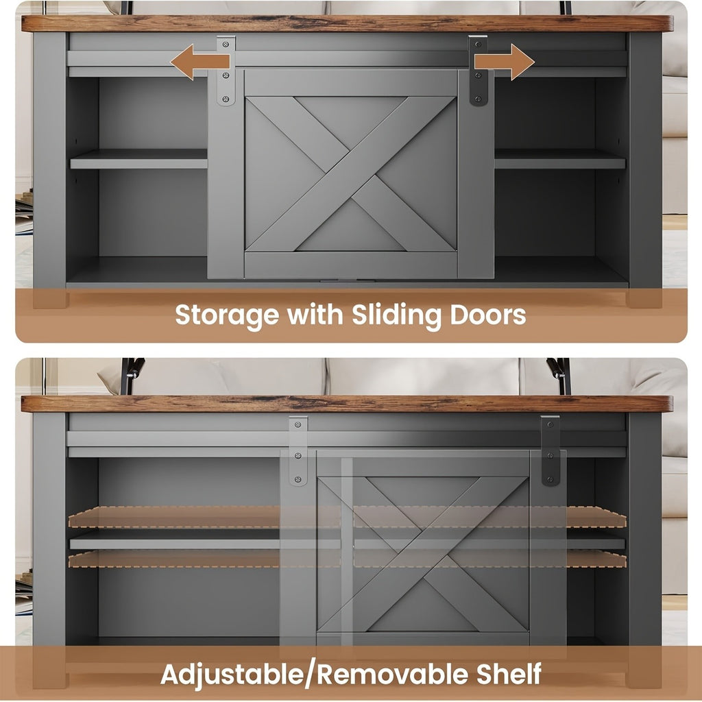 Lift Top Coffee Table with Storage, 31.5-Inch Square Farmhouse Design with Sliding Barn Door, Gas Strut Lift and Adjustable Shelves for Living Rooms