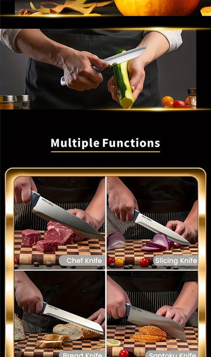 High Carbon Stainless Steel Knife Set with Manual Sharpener and Holder Base, Plastic Handle Kitchen Collection in 14-Piece and 13+1 Color-Labeled Options