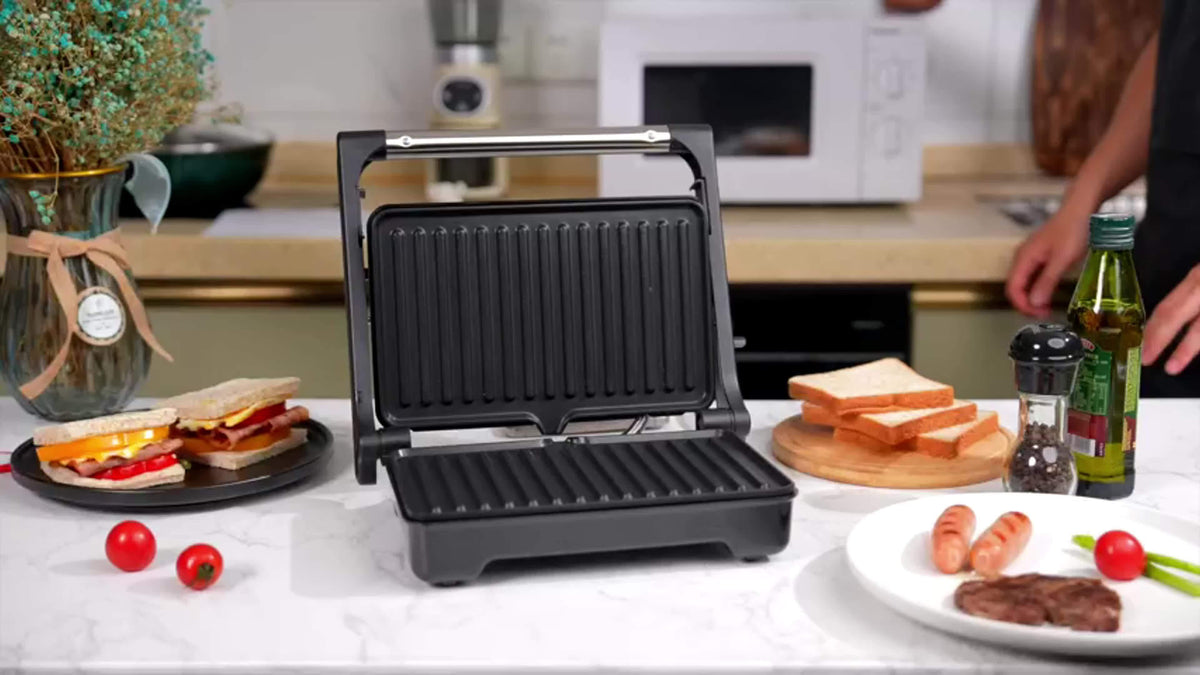 YASHE Panini Grill Press ZJ-521 with 1200W Heating, Nonstick Cast Aluminum Plates, Two-Slice Bread Capacity, 180-Degree Opening and Ready Indicator Lights