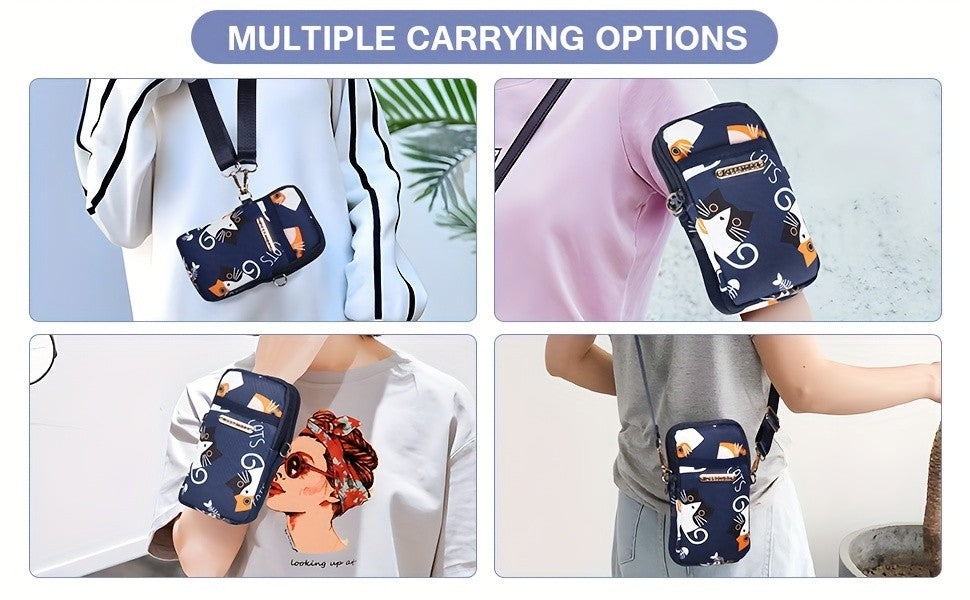 Adjustable Strap Crossbody Bag with Zipper Pockets, Blue Cat, Dark Blue, Pink or Blue Options for Everyday Essentials, Casual Errands and Travel Organization