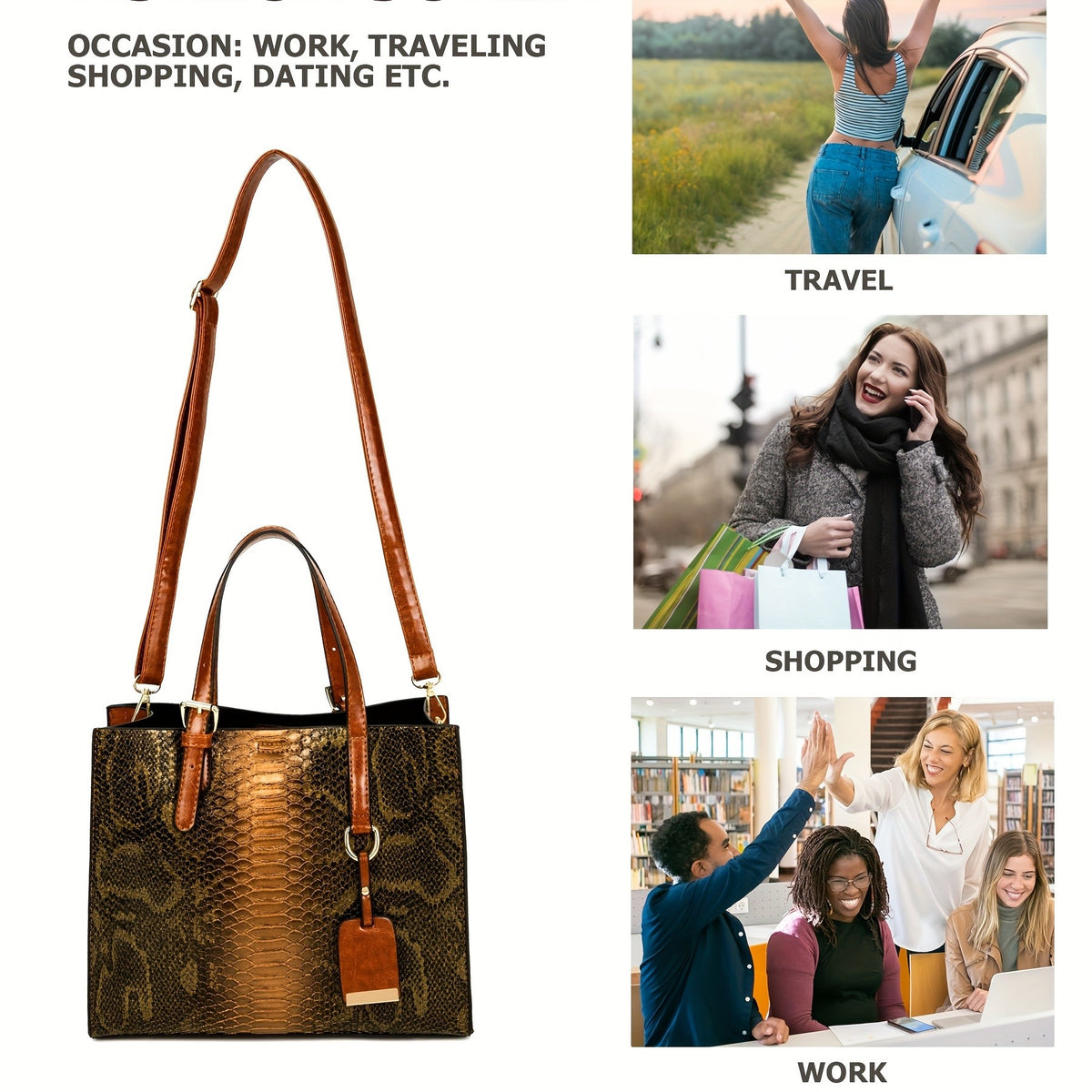 Crocodile-Pattern Handbag Set for Women with Listed Three-Piece Satchel and Tote Styling, Six Color Options for Everyday Outfits, Office and Casual Occasions