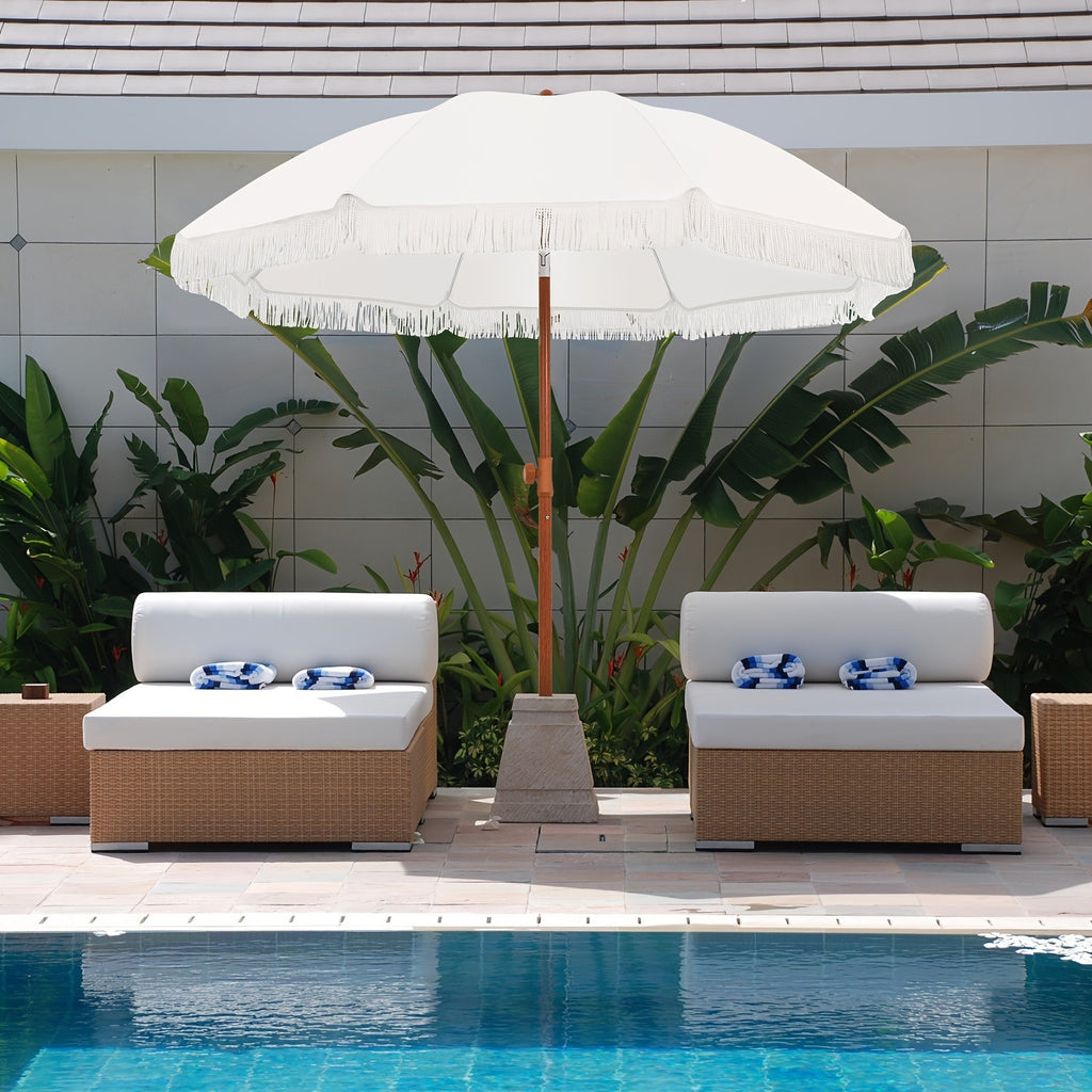 Eight-Rib Patio Umbrella with Push-Button Tilt Adjustment for Outdoor Garden and Courtyard Seating, Beige, Blue Pinstripe and White Style Selections