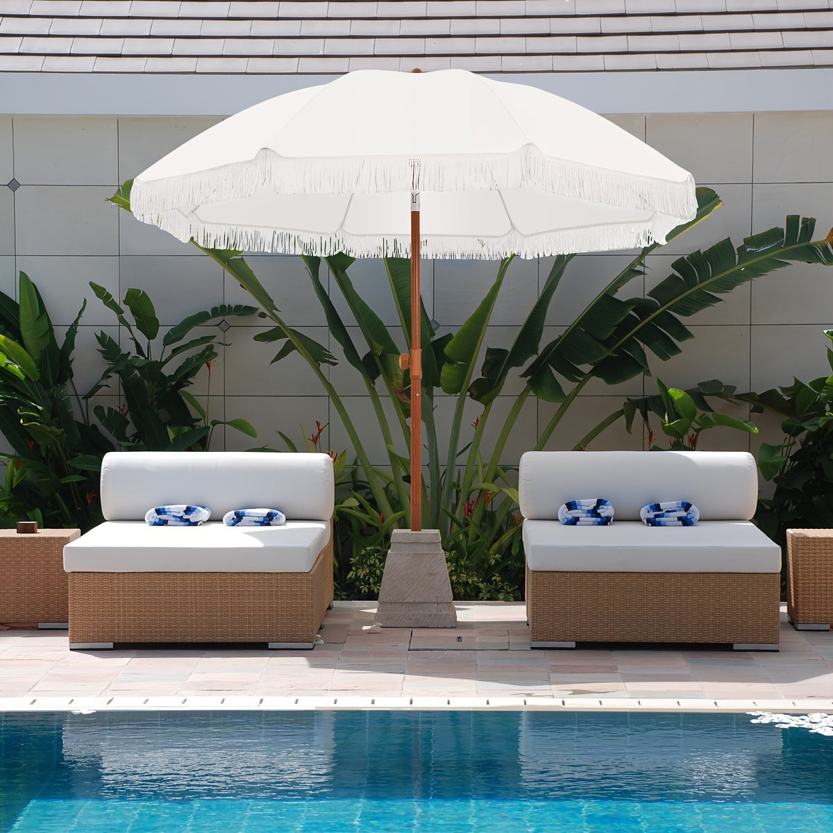 Eight-Rib Patio Umbrella with Push-Button Tilt Adjustment for Outdoor Garden and Courtyard Seating, Beige, Blue Pinstripe and White Style Selections