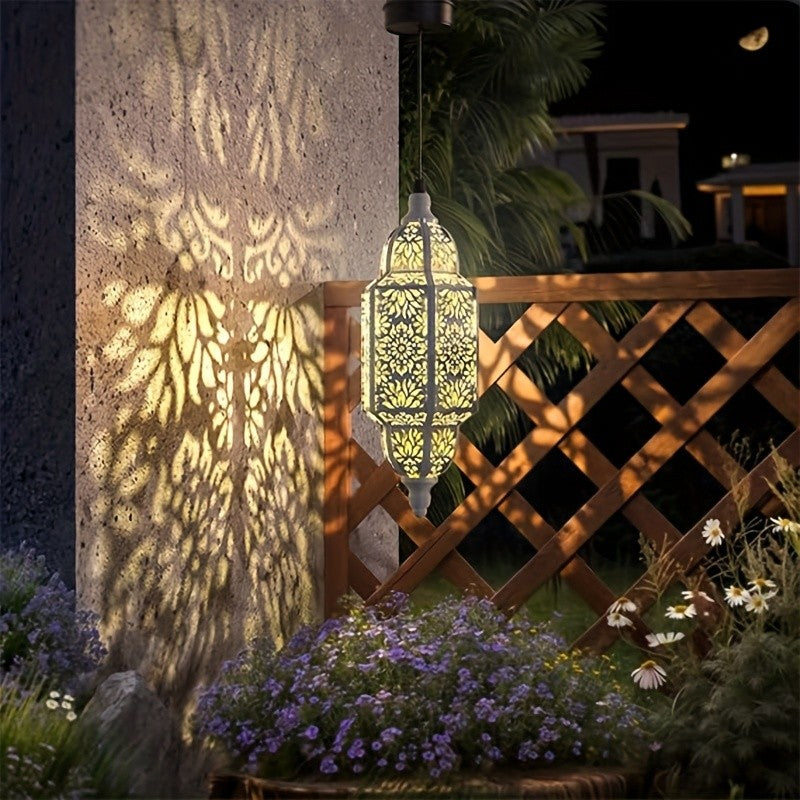 Hexagonal Solar Hanging Lantern, Moroccan-Inspired Hollow Iron Garden Light with Floral Pattern Projections and Automatic Night Lighting for Patio and Porch Decor