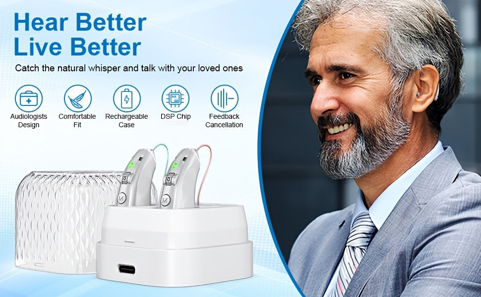 Silver Rechargeable Hearing Aids, Listed One-Pair Behind-the-Ear Devices with Volume Adjustment, Frequency Controls and USB Charging Case for Adult Listening Needs